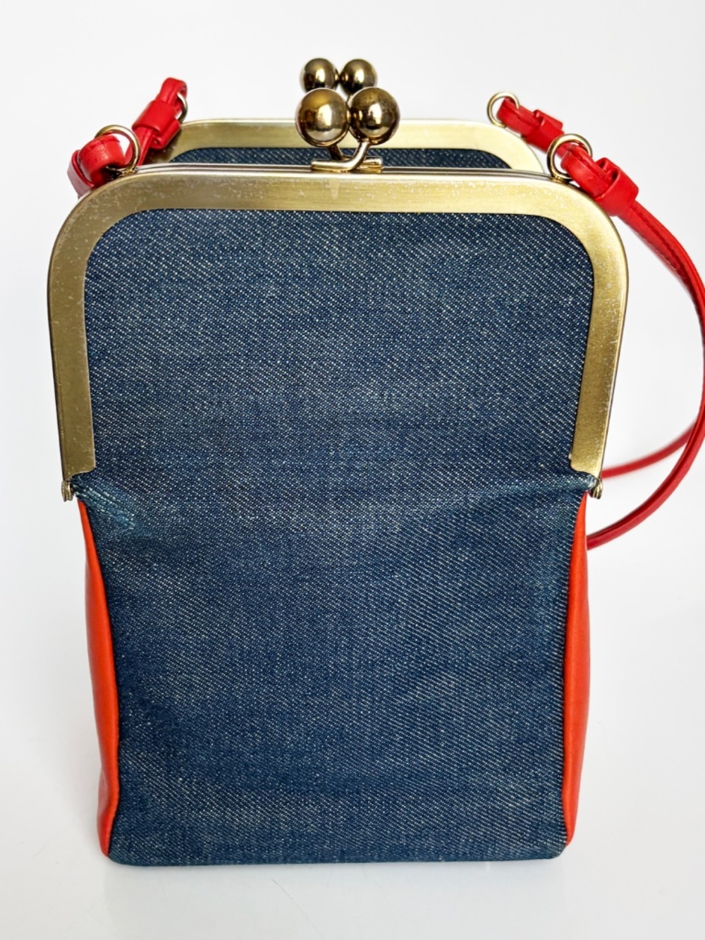 1970s Bonnie Cashin for Coach Red Leather Denim Double Entry Swinger Bag Rare - Picture 9 of 17